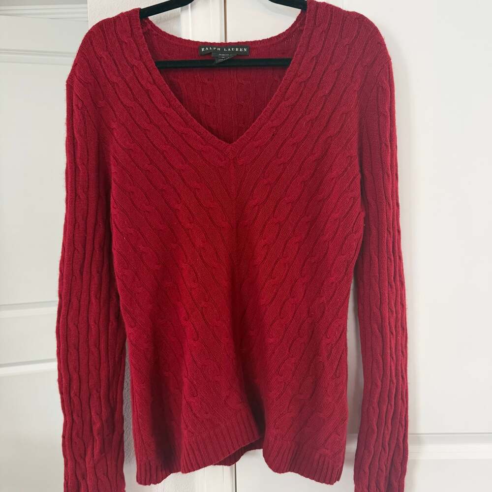Ralph Lauren Luxury 100% Cashmere Cable Knit V-Neck Sweater Red Slim Fit